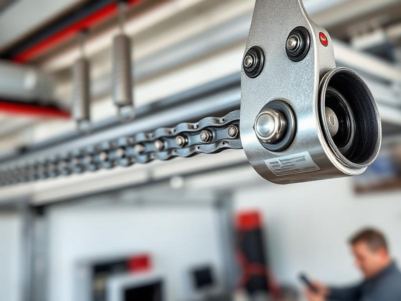 Garage door chain drive mechanism being maintained by professional technician