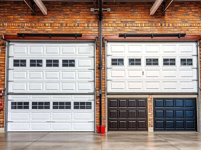 Various garage door styles and materials on display in showroom