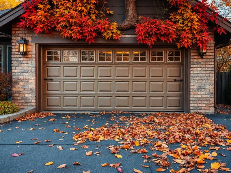 Residential garage door with autumn leaves on driveway