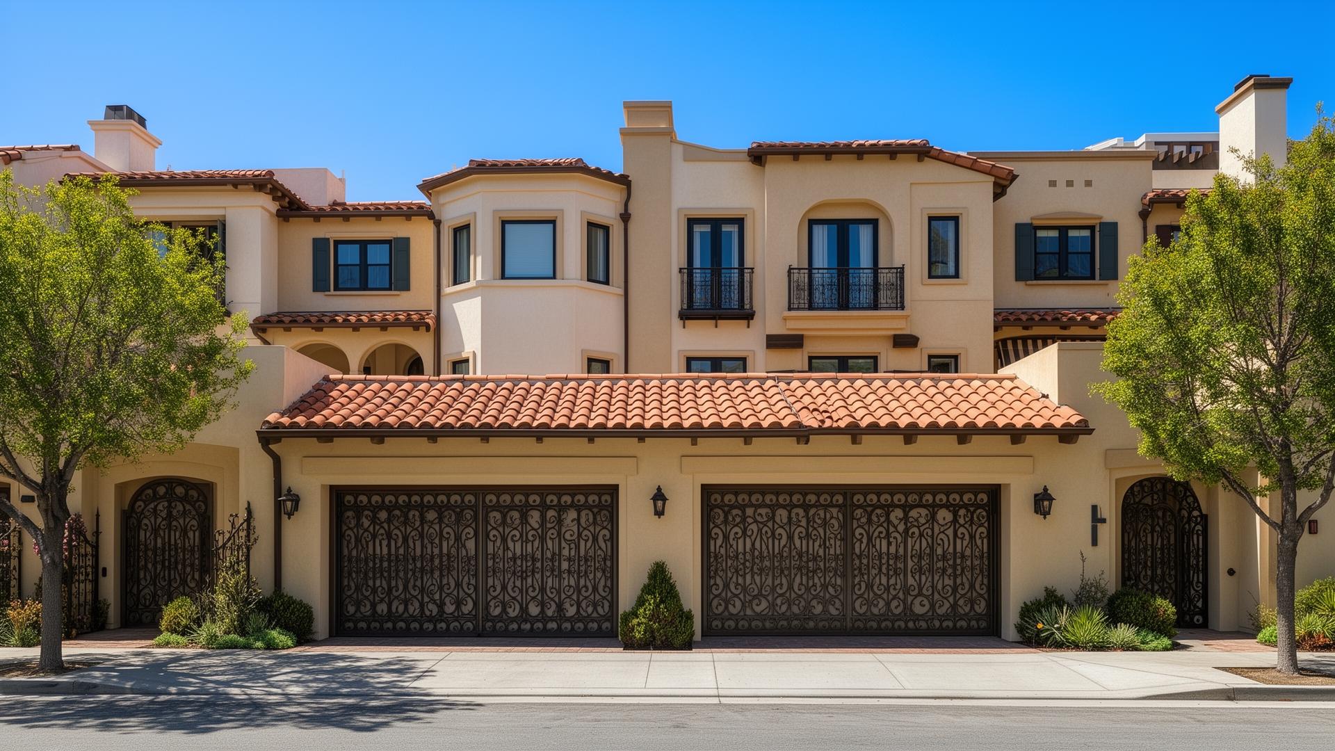 Professional Spanish colonial style garage doors with decorative iron grilles on upscale townhouse